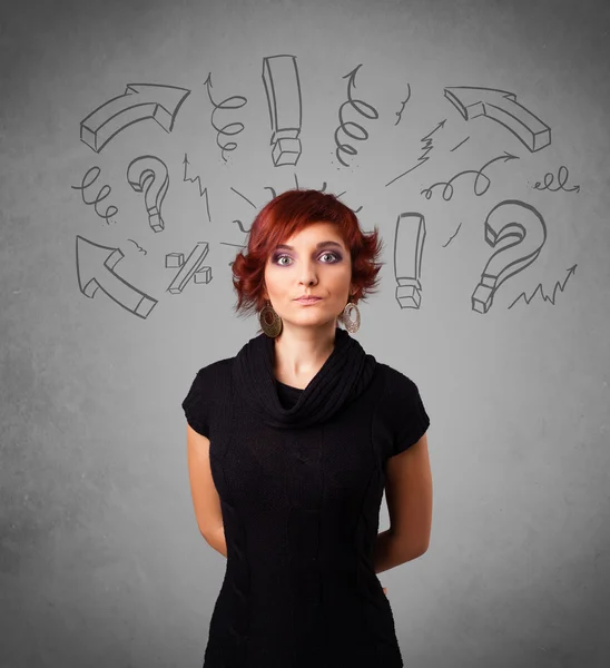 Cute young girl with question sign doodles — Stock Photo, Image