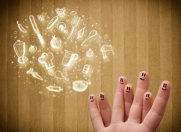 Vrolijke vinger glimlachen met voedsel en keuken hand getrokken pictogrammen — Stockfoto