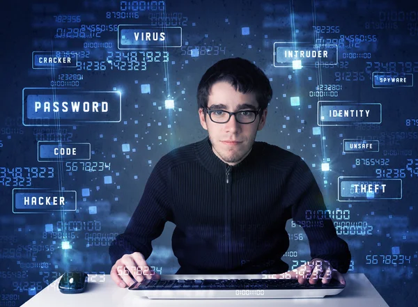 Hacker programmeren in technologie omgeving met cyber iconen — Stockfoto