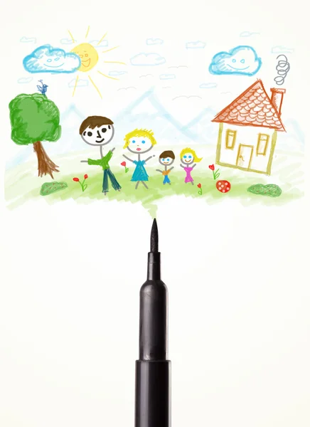 Felt pen close-up with a drawing of a family — Stock Photo, Image
