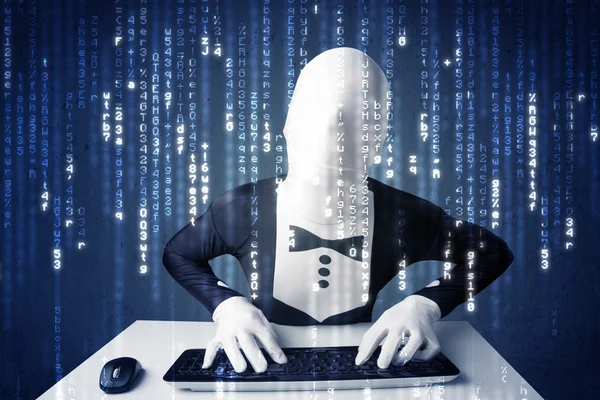 Hacker in body mask decoding information from futuristic network — Stock Photo, Image