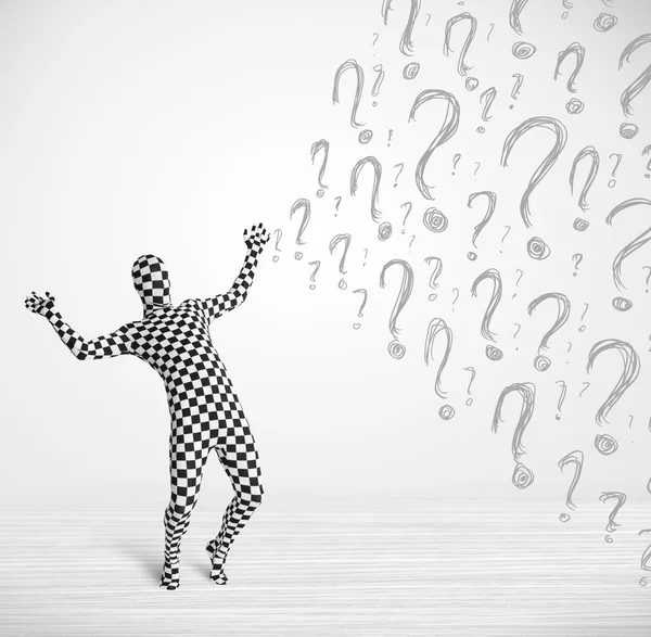 3d human character is body suit looking at hand drawn question m — Stock Photo, Image