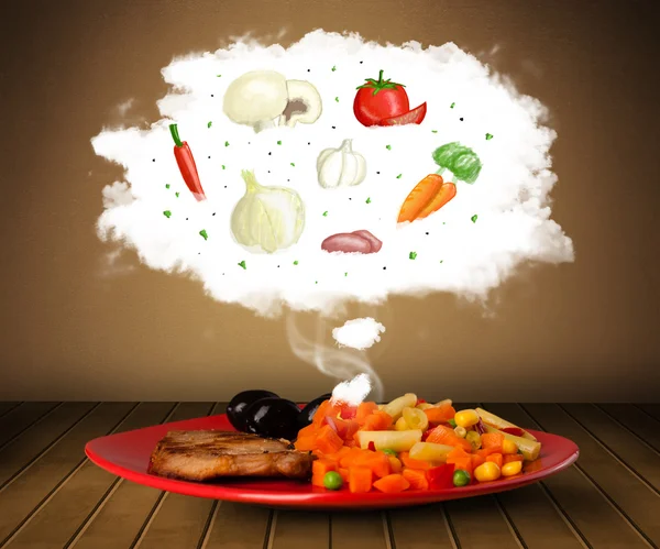 Plaat van voedsel met plantaardige ingrediënten illustratie in wolk — Stockfoto
