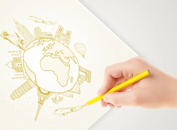 Hand drawing vacation trip around the earth with landmarks and c — Stock Photo, Image