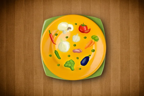 Colorido plato con iconos dibujados a mano, símbolos, verduras y fr —  Fotos de Stock