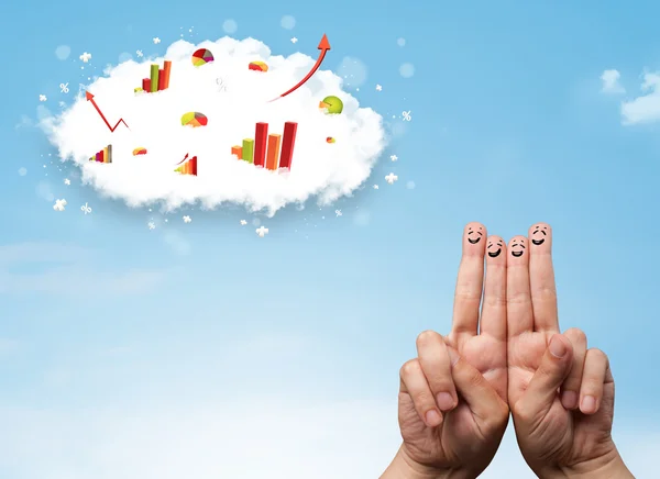 Vrolijke vinger smiley met grafiek wolk pictogrammen in de lucht — Stockfoto