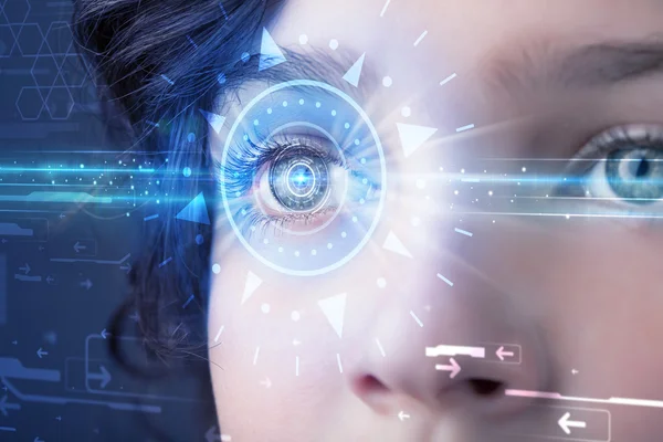 Cyber girl with technolgy eye looking into blue iris — Stock Photo, Image