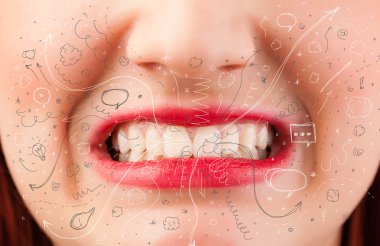 güzel kadın ağzı üfleme elle çizilmiş simgeler ve semboller