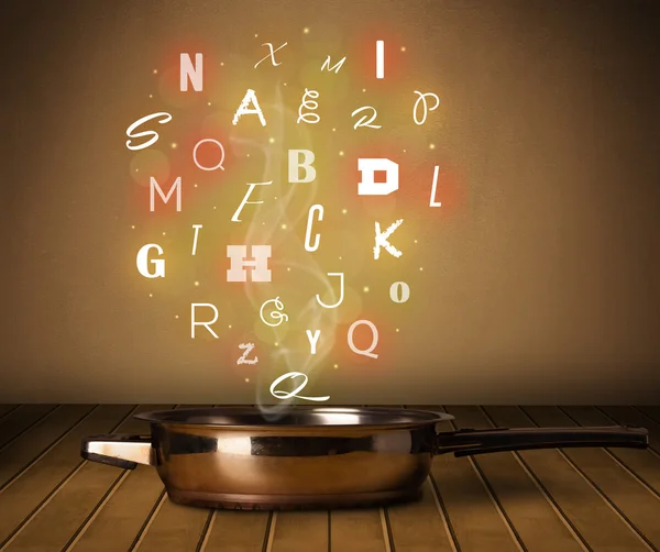 Glowing letters coming out from cooking pot — Stock Photo, Image
