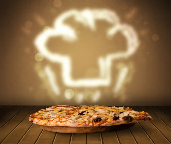 Deliciosa pizza con chef cocinero sombrero de vapor ilustración —  Fotos de Stock