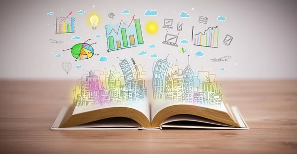 Tekening van een bedrijfsplan op een geopende boek — Stockfoto