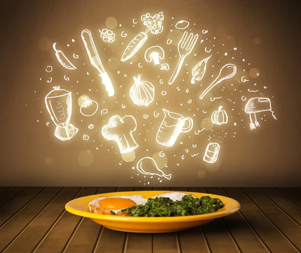 Tallrik med mat med vit hand dras ikoner och symboler — Stockfoto
