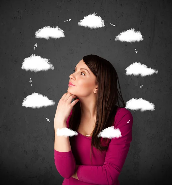 Young woman thinking with cloud circulation around her head — Stock Photo, Image