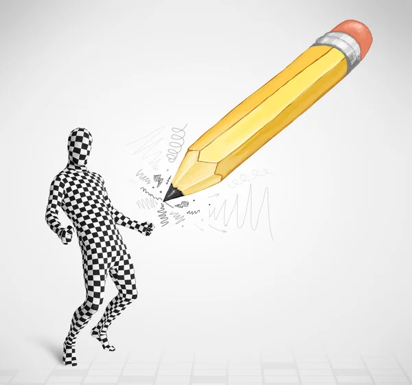 Guy in body mask with a big hand drawn pencil — Stock Photo, Image