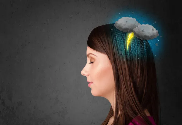 Young girl with thunderstorm lightning headache — Stock Photo, Image