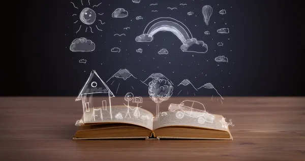 Open book with hand drawn landscape — Stock Photo, Image