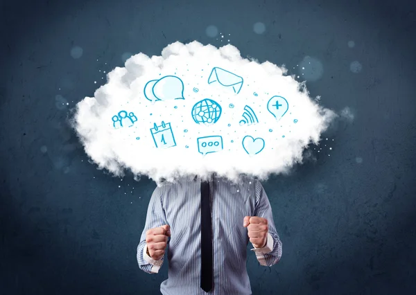 Man in suit with cloud head and blue icons — Stock Photo, Image