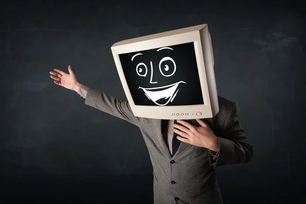 Glücklicher Geschäftsmann mit PC-Monitorkopf und Smiley-Gesicht — Stockfoto