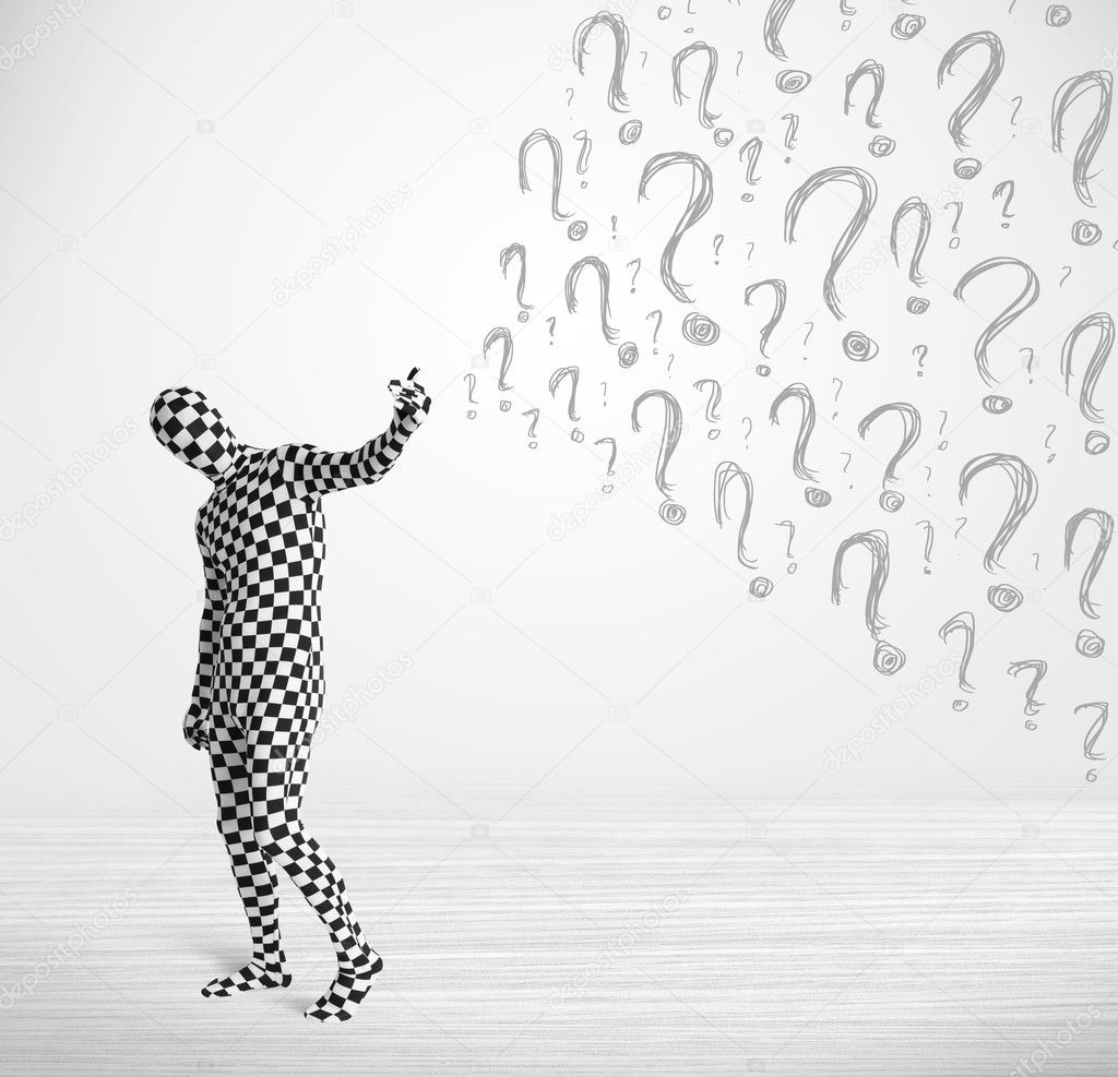 3d human character is body suit looking at hand drawn question m