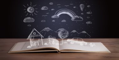 Elle çizilmiş peyzaj ile açık kitap