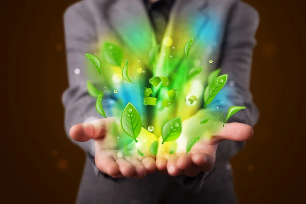 Jonge zakenman presenteren eco groene blad recycle energie conce — Stockfoto