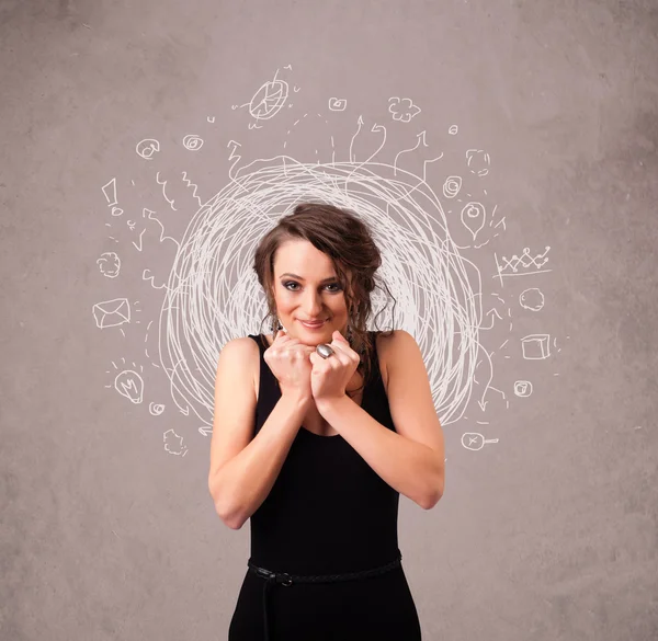 Pretty young girl with abstract circular doodle lines and icons — Stock Photo, Image