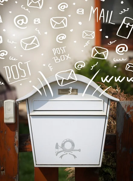 Postbox with white hand drawn mail icons — Stock Photo, Image