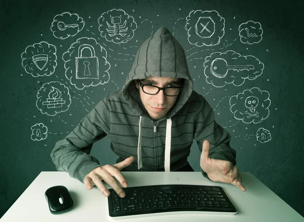 Jonge nerd hacker met virus en hacken gedachten — Stockfoto