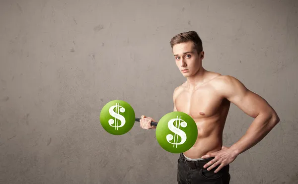 Homem muscular levantando pesos sinal de dólar verde — Fotografia de Stock