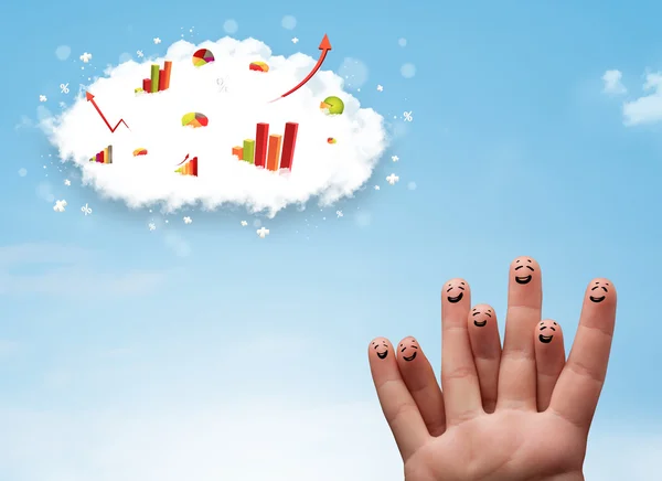 Vrolijke vinger smiley met grafiek wolk pictogrammen in de lucht — Stockfoto