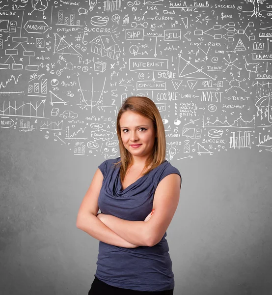 Young pretty lady with hand drawn calculations and icons — Stock Photo, Image