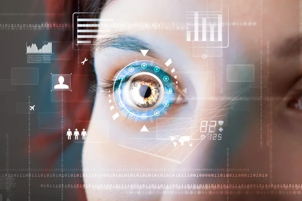 Siber teknoloji göz paneli konsepti ile gelecekteki kadın