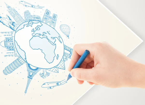 Hand drawing vacation trip around the earth with landmarks and c — Stock Photo, Image