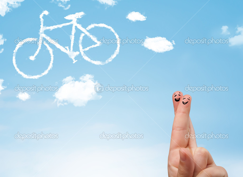 Happy smiley fingers looking at a bicycle shapeed cloud