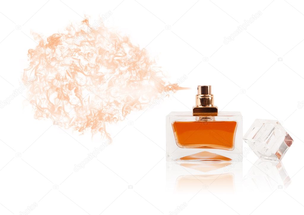 Perfume bottle spraying colored scent