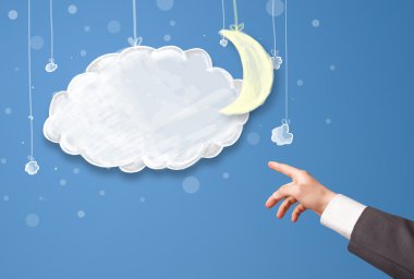 Karikatür gece bulutlarını gösteren el işaretleri