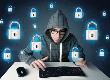 sanal kilit simgeleri ve simge ile genç hacker