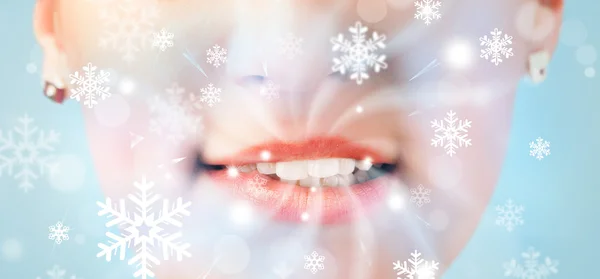 Pretty woman mouth blowing cold breeze — Stock Photo, Image