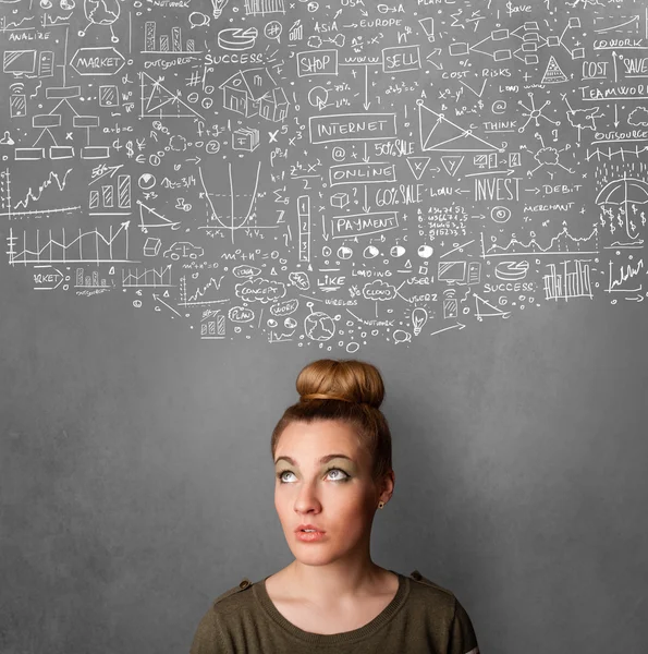 Young woman gesturing with sketched charts above her head — Stock Photo, Image