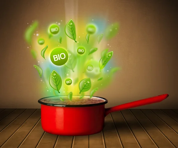 Bio tekenen uit kookpot voortvloeiende — Stockfoto