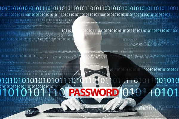 Hacker in morph 3d mask stealing password — Stock Photo, Image