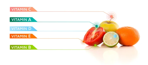 Frutas saudáveis com símbolos coloridos de vitaminas e ícones — Fotografia de Stock