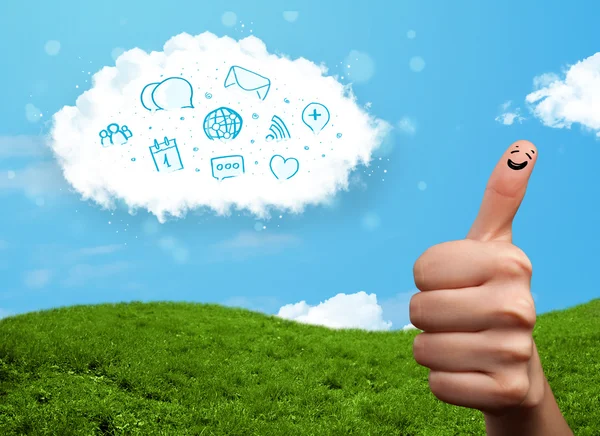 Happy smiley fingers looking at cloud with blue social icons and — Stock Photo, Image