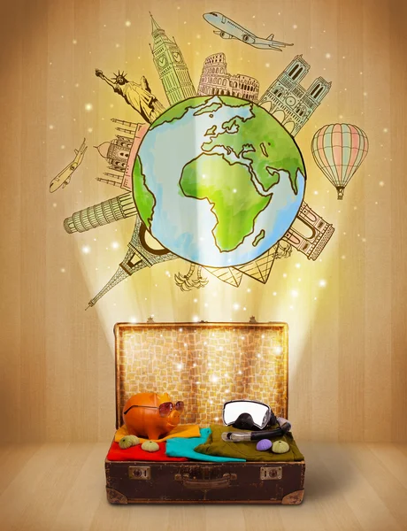 Luggage with travel around the world illustration concept — Stock Photo, Image