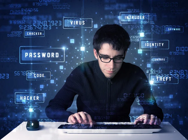 Hacker-Programmierung im Technologieumfeld mit Cyber-Ikonen — Stockfoto