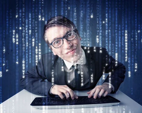 Hacker decoding information from futuristic network technology — Stock Photo, Image