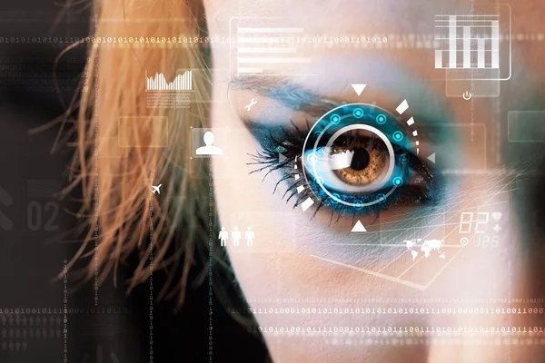 Toekomstige vrouw met cyber technologie oog deelvenster concept — Stockfoto