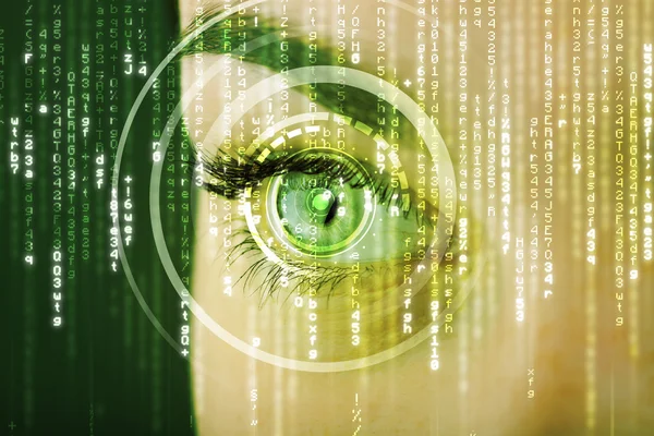 Moderne cyber vrouw met matrix oog — Stockfoto