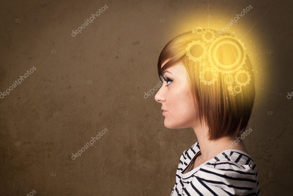 Clever girl thinking with a machine head illustration — Stock Photo