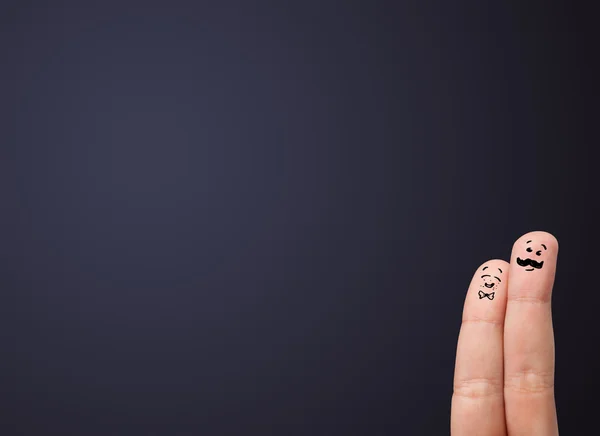 Happy smiley fingers looking at empty wall copyspace — Stock Photo, Image